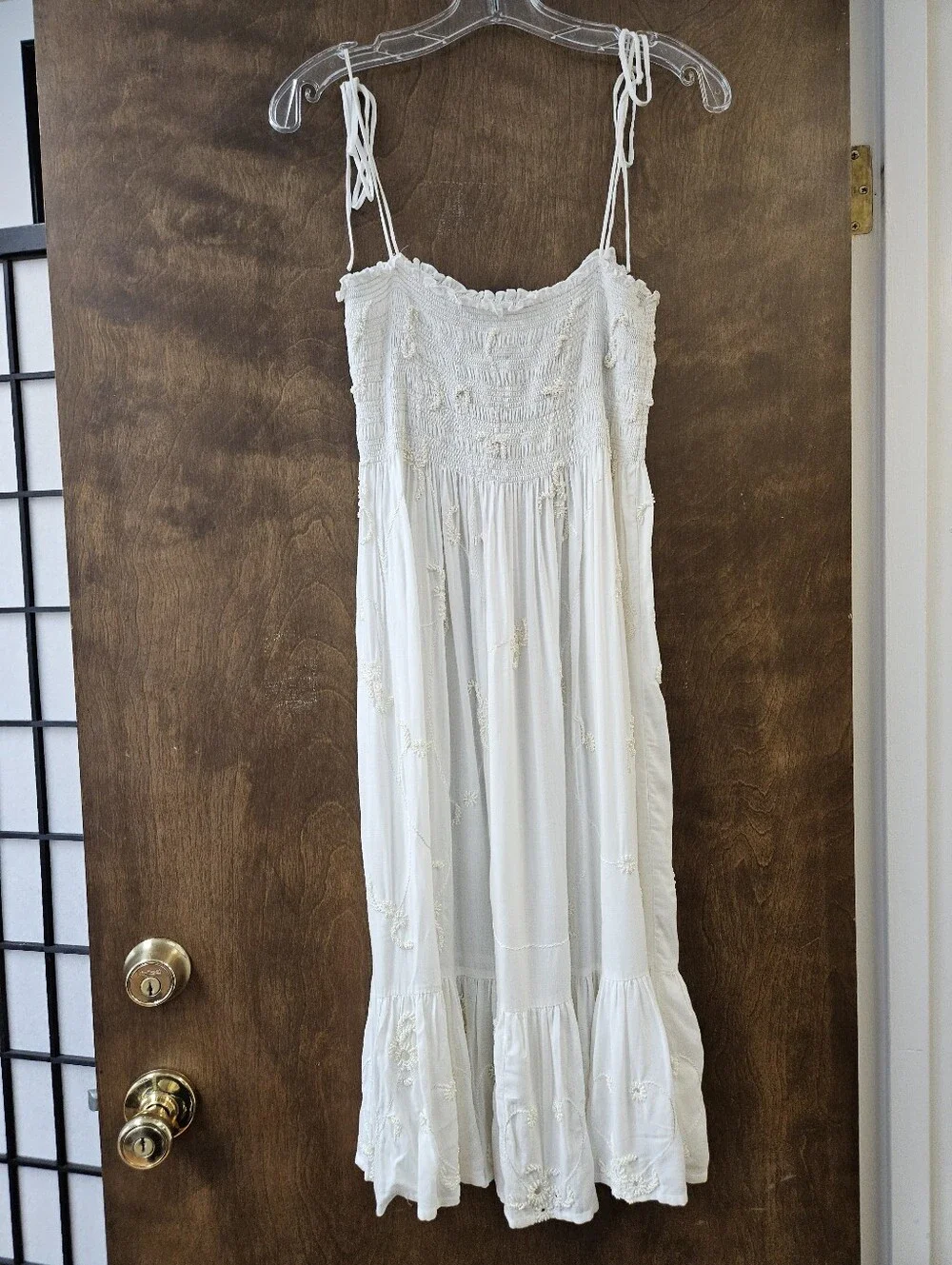 White Boho Tie-Strap Smocked Glass Beaded Dress Sz L